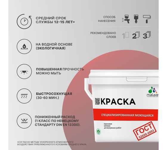 Краска для стен, потолков и обоев MALARE ГОСТ моющаяся, свежая охра, 2.7 л (3.9 кг) 2038063489942