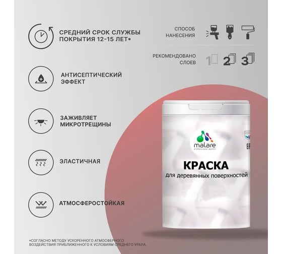 Краска MALARE Elastic для деревянных поверхностей, универсальная, с антисептическим эффектом, матовая, японский лосось, 1 кг 2037893113324
