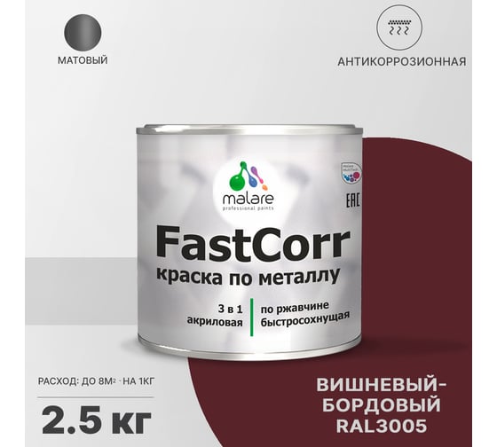 Краска по металлу MALARE FastCorr по ржавчине, антикоррозийная, быстросохнущая, RAL 3005, вишнево-бордовый, матовая, 2,5 кг 2038267820176