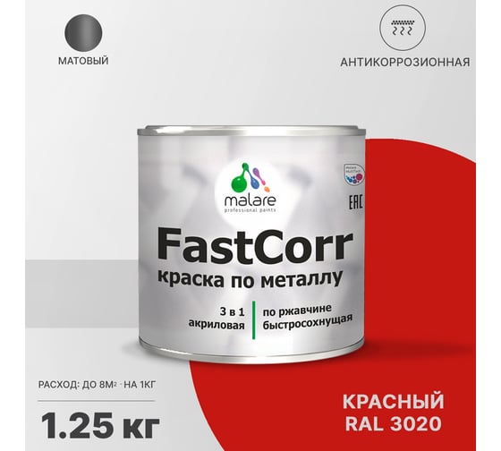 Краска по металлу MALARE FastCorr по ржавчине, антикоррозийная, быстросохнущая, RAL 3020, красный, матовая, 1,25 кг 2038267820268