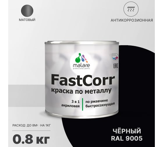 Краска по металлу MALARE FastCorr по ржавчине, антикоррозийная, быстросохнущая, RAL 9005, черный, матовая, 0,8 кг 2038301220016