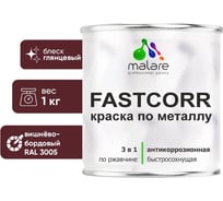 Краска по металлу MALARE FastCorr по ржавчине, антикоррозийная, быстросохнущая, RAL 3005, вишнево-бордовый, глянцевая, 1 кг 2038267820138