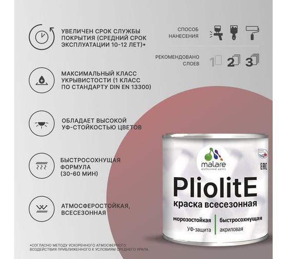 Всесезонная фасадная краска-эмаль MALARE Pliolite зимняя, для всех типов поверхностей, RAL 5005, синий, глянцевая, 1 кг 2038119892269
