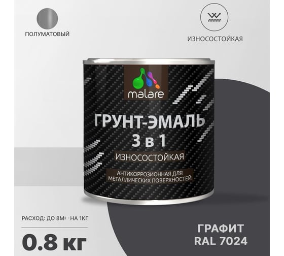 Грунт-эмаль MALARE 3 в 1 по ржавчине, алкидно-уретановая, полуматовая, графитово-серый (темный), 0.8 кг 2038119903385