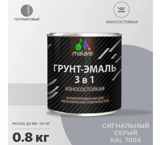 Грунт-эмаль MALARE 3 в 1 по ржавчине, алкидно-уретановая, полуматовая, сигнальный серый, 0.8 кг 2038119902517