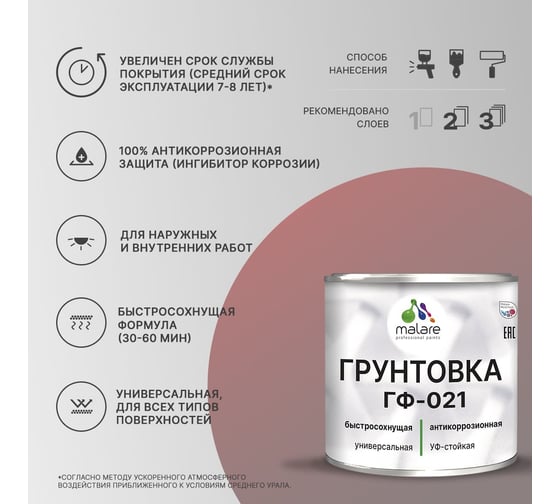 Грунтовка MALARE ГФ-021 для металла, по дереву, для минеральных поверхностей, RAL 6005, зелёный мох, матовая, 0,8 кг 2038119868943