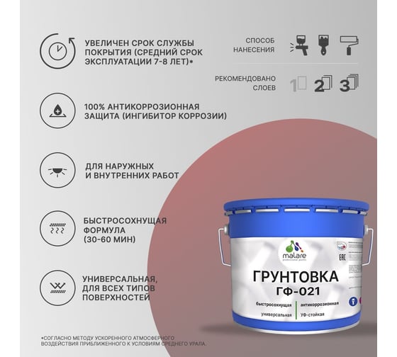 Грунтовка MALARE ГФ-021 для металла, по дереву, для минеральных поверхностей, RAL 5005, синий, глянцевая, 10 кг 2038119869230