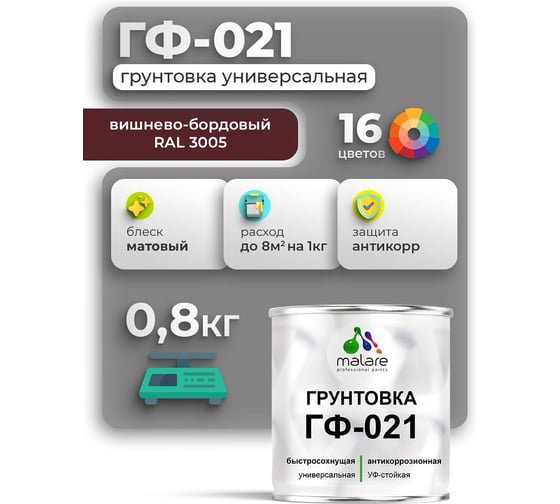 Грунтовка ГФ-021 MALARE, для металла, по дереву, для минеральных поверхностей, RAL 3005, вишнево-бордовый, матовая, 0,8 кг ГГФ0213005М0080