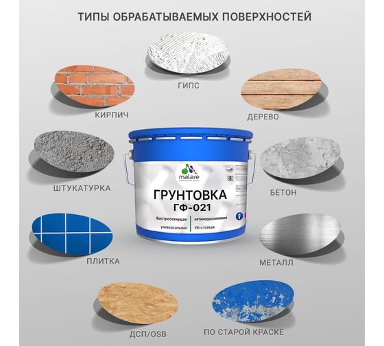 Грунтовка MALARE ГФ-021 для металла, по дереву, для минеральных поверхностей, RAL 8017, коричневый, глянцевая, 18 кг 2038119892641