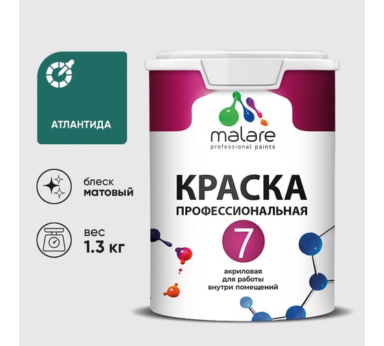 Краска для стен, потолков и обоев MALARE Евро 7, атлантида, 1 л 2038063680608 КЕВРО7АТЛМ0130