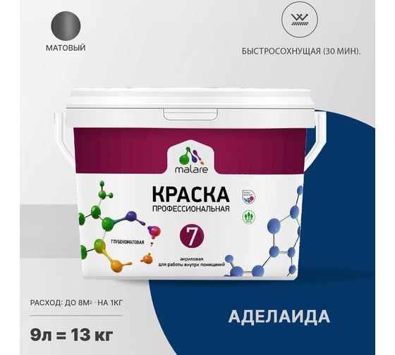 Краска MALARE Евро 7 для стен, потолков и обоев, аделаида, 9 л 2038063679589