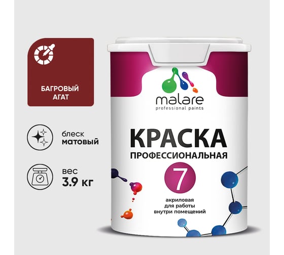 Краска для стен, потолков и обоев MALARE Евро 7, багровый агат, 2,7 л 2038063680875 КЕВРО7БААМ0390