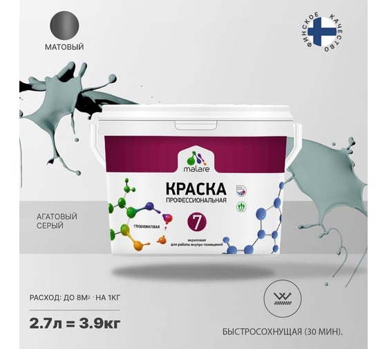 Краска MALARE Евро 7 для стен, потолков и обоев, агатовый серый, 2.7 л 2038063679855