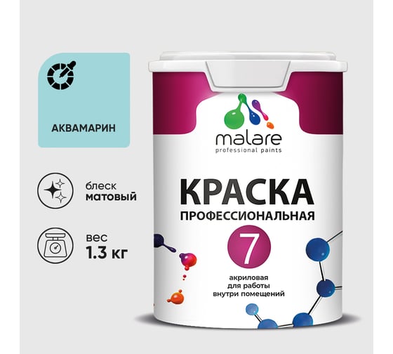 Краска для стен, потолков и обоев MALARE Евро 7, аквамарин, 1 л 2038063680097 КЕВРО7АКВМ0130