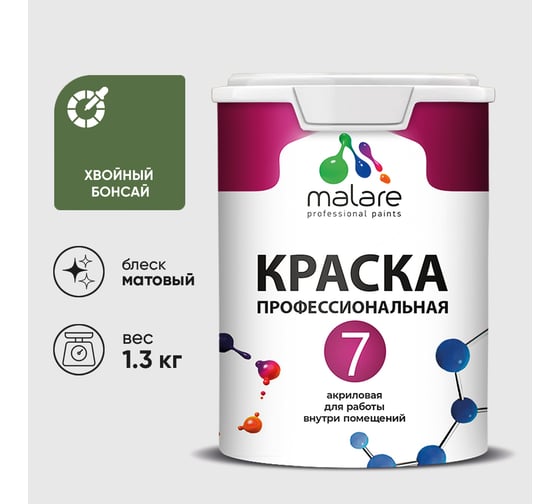 Краска для стен, потолков и обоев MALARE Евро 7, хвойный бонсай, 1 л 2038063680134 КЕВРО7ХВБМ0130