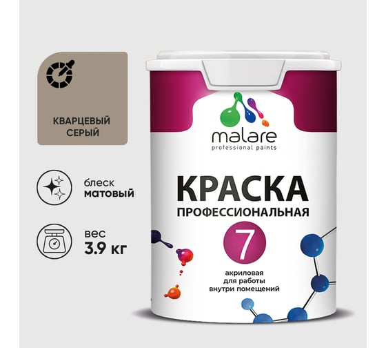 Краска для стен, потолков и обоев MALARE Евро 7, кварцевый серый, 2,7 л 2038063680585 КЕВРО7КВСМ0390