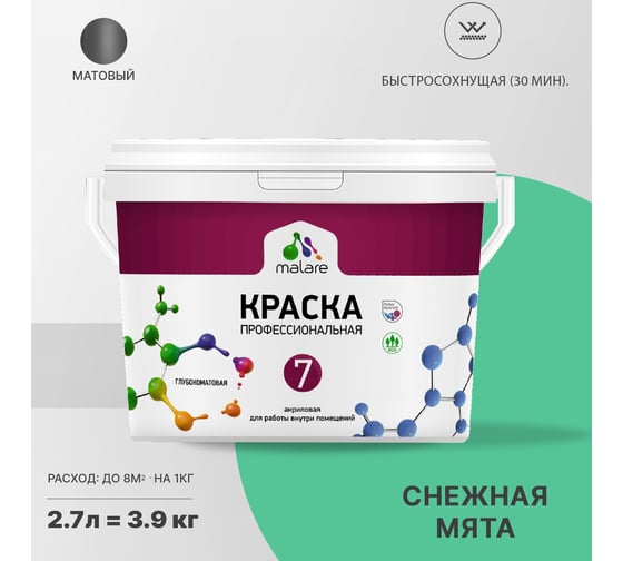 Краска MALARE Евро 7 для стен, потолков и обоев, снежная мята, 2.7 л 2038063680448