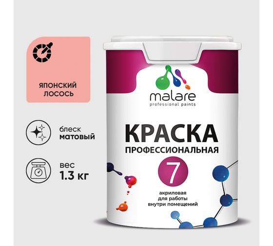 Краска для стен, потолков и обоев MALARE Евро 7, японский лосось, 1 л 2038063681186 КЕВРО7ЯПЛМ0130