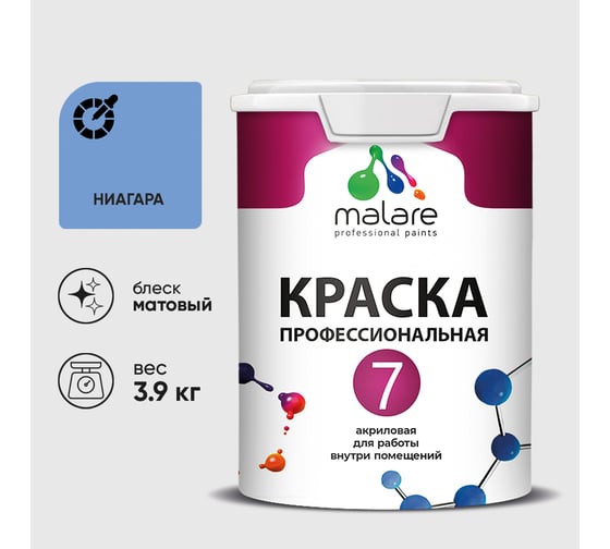 Краска для стен, потолков и обоев MALARE Евро 7, ниагара, 2,7 л 2038063680912 КЕВРО7НИАМ0390