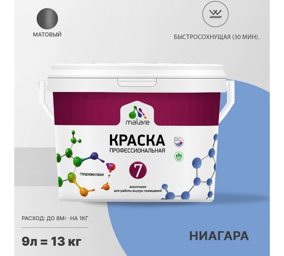 Краска MALARE Евро 7 для стен, потолков и обоев, ниагара, 9 л 2038063679862