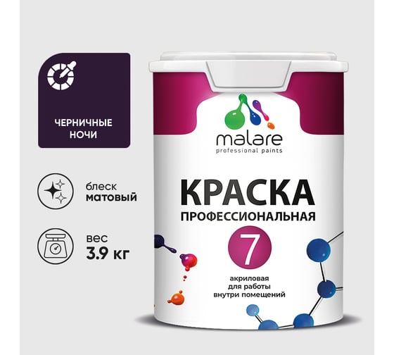 Краска для стен, потолков и обоев MALARE Евро 7, черничные ночи, 2,7 л 2038063681155 КЕВРО7ЧЕНМ0390