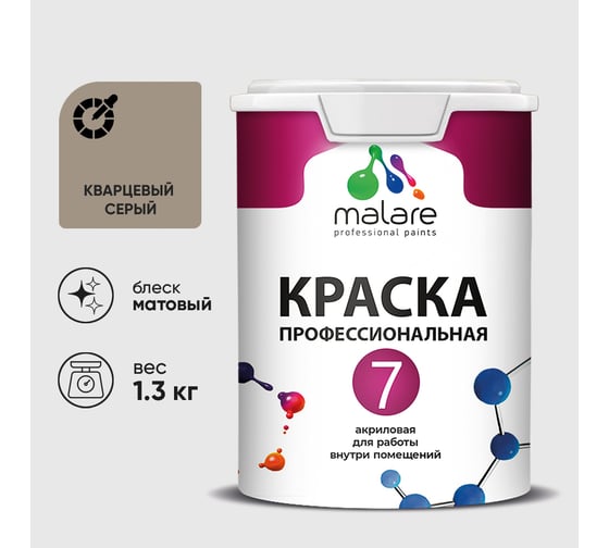 Краска для стен, потолков и обоев MALARE Евро 7, кварцевый серый, 1 л 2038063679770 КЕВРО7КВСМ0130