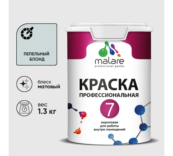 Краска для стен, потолков и обоев MALARE Евро 7, пепельный блонд, 1 л 2038063680943 КЕВРО7ПЕБМ0130