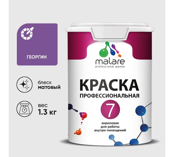 Краска для стен, потолков и обоев MALARE Евро 7, георгин, 1 л 2038063681209 КЕВРО7ГЕОМ0130