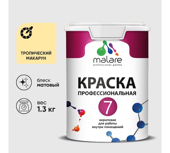 Краска для стен, потолков и обоев MALARE Евро 7, тропический макарун, 1 л 2038063680721 КЕВРО7ТРММ0130