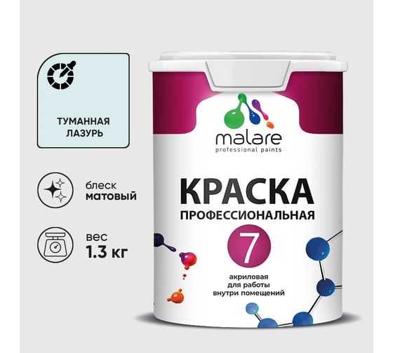 Краска для стен, потолков и обоев MALARE Евро 7, туманная лазурь, 1 л 2038063681094 КЕВРО7ТУЛМ0130