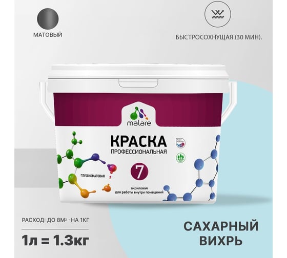 Краска MALARE Евро 7 для стен, потолков и обоев, сахарный вихрь, 1 л 2038063679985