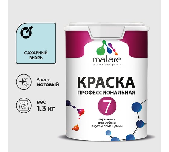 Краска для стен, потолков и обоев MALARE Евро 7, сахарный вихрь, 1 л 2038063679985 КЕВРО7САВМ0130