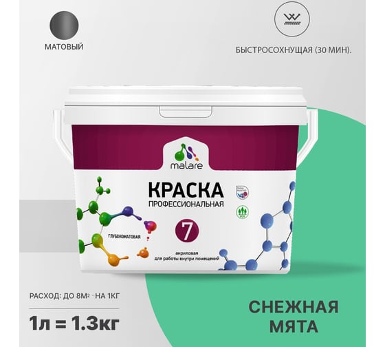 Краска MALARE Евро 7 для стен, потолков и обоев, снежная мята, 1 л 2038063680042