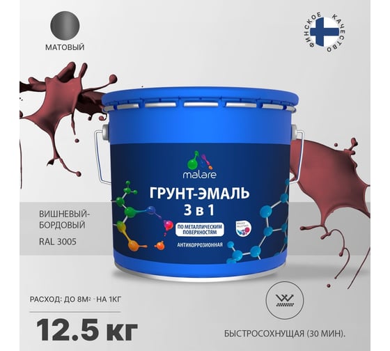 Грунт-эмаль MALARE 3 в 1 по ржавчине, акриловая, вишнево-бордовый, матовая, 12.5 кг 2038218669533