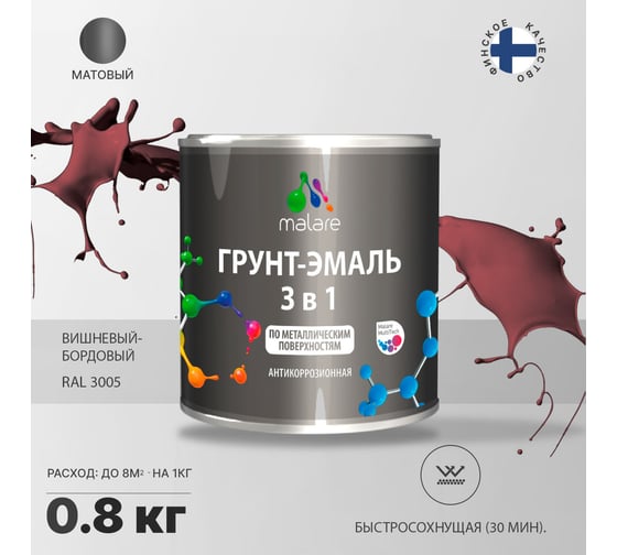 Грунт-эмаль MALARE 3 в 1 по ржавчине, акриловая, вишнево-бордовый, матовая, 0.8 кг 2038218669885
