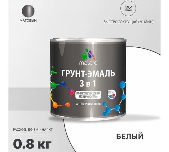 Грунт-эмаль MALARE 3 в 1 по ржавчине, акриловая, белый, матовая, 0.8 кг 2038218669625