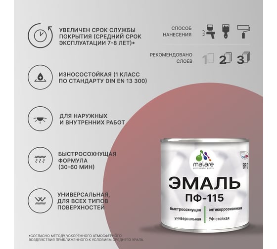 Эмаль MALARE ПФ-115 для металла, по дереву, для минеральных поверхностей, RAL 8017, коричневый, глянцевая, 1 кг 2038243709983