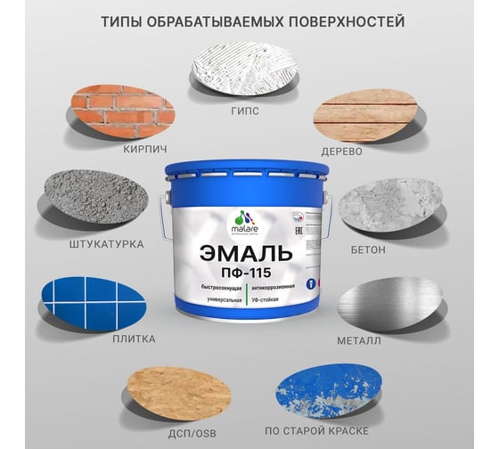 Эмаль MALARE ПФ-115 для металла, по дереву, для минеральных поверхностей, RAL 9005, черный, матовая, 12,5 кг 2038243711030
