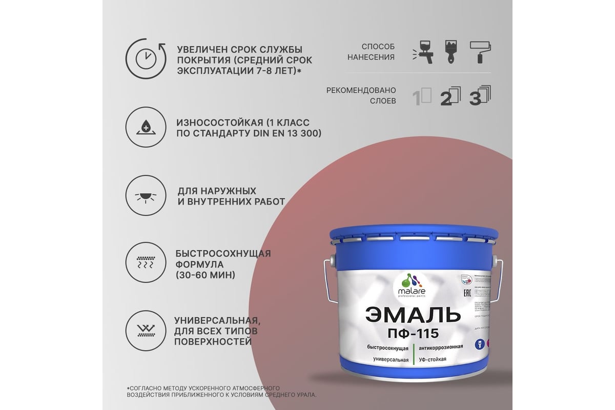 Эмаль MALARE ПФ-115 для металла, по дереву, для минеральных поверхностей,  RAL 7035, светло-серый, матовая, 12,5 кг 2038119868783