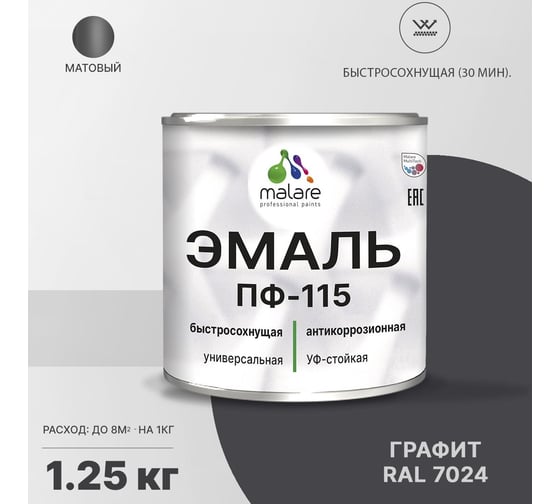 Эмаль MALARE ПФ-115 для металла, по дереву, для минеральных поверхностей, RAL 7024, графитово-серый(темный), матовая, 1,25 кг 2038119868486