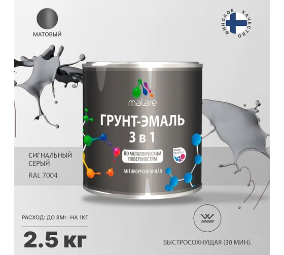 Грунт-эмаль MALARE 3 в 1 по ржавчине, акриловая, сигнальный серый, матовая, 2.5 кг 2038218779331