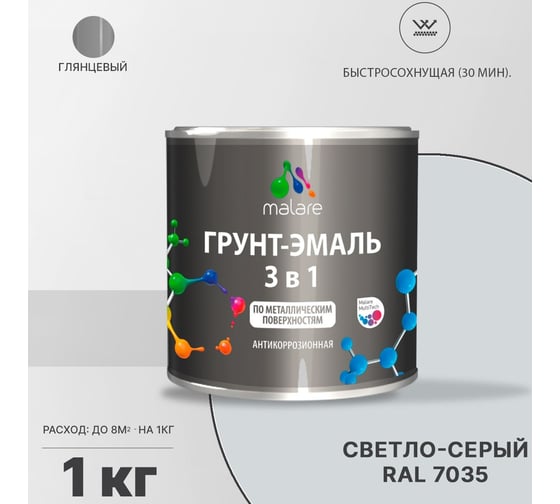 Грунт-эмаль MALARE 3 в 1 по ржавчине, акриловая, светло-серый, глянцевая, 1 кг 2038218779454
