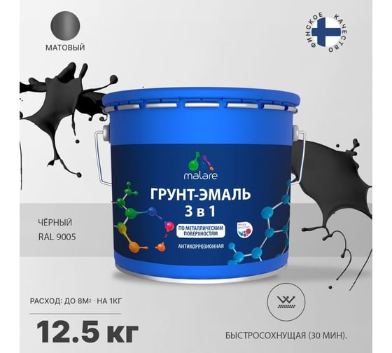 Грунт-эмаль MALARE 3 в 1 по ржавчине, акриловая, черный, матовая, 12.5 кг 2038242445110