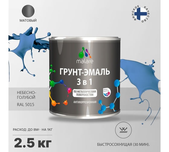 Грунт-эмаль MALARE 3 в 1 по ржавчине, акриловая, небесно-голубой, матовая, 2.5 кг 2038218779102
