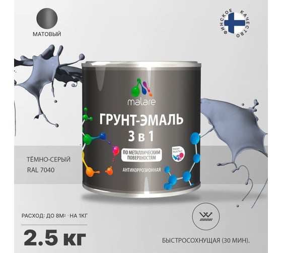 Грунт-эмаль MALARE 3 в 1 по ржавчине, акриловая, темно-серый, матовая, 2.5 кг 2038218778808
