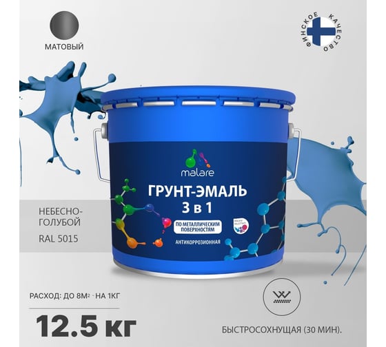 Грунт-эмаль MALARE 3 в 1 по ржавчине, акриловая, небесно-голубой, матовая, 12.5 кг 2038218779270