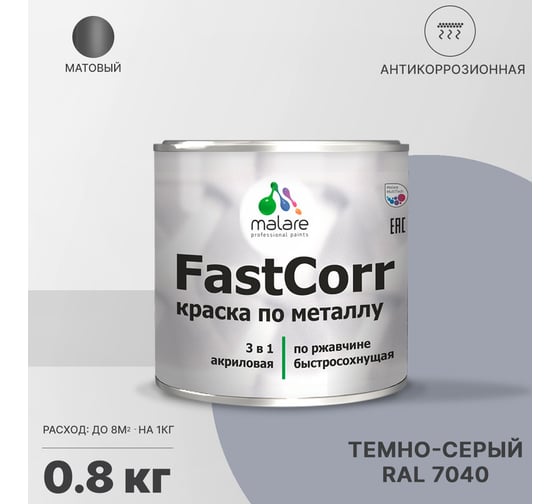 Краска по металлу MALARE FastCorr, краска по ржавчине, антикоррозийная, быстросохнущая, RAL 7040, темно-серый, матовая, 0,8 кг 2037892763247