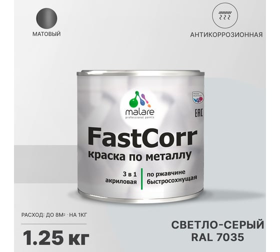 Краска по металлу MALARE FastCorr, краска по ржавчине, антикоррозийная, быстросохнущая, RAL 7035, светло-серый, матовая, 1,25 кг 2037892763001