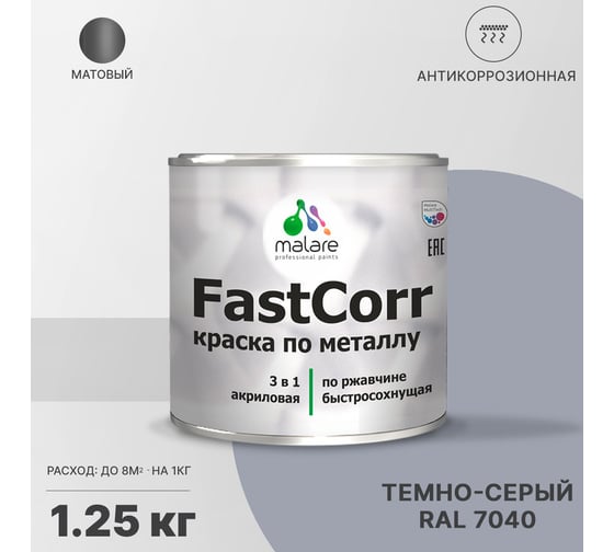 Краска по металлу MALARE FastCorr, краска по ржавчине, антикоррозийная, быстросохнущая, RAL 7040, темно-серый, матовая, 1,25 кг 2037892763278
