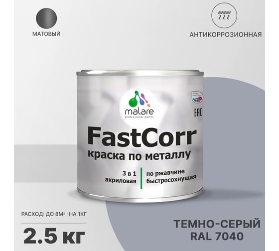 Краска по металлу MALARE FastCorr, краска по ржавчине, антикоррозийная, быстросохнущая, RAL 7040, темно-серый, матовая, 2,5 кг 2037892763339